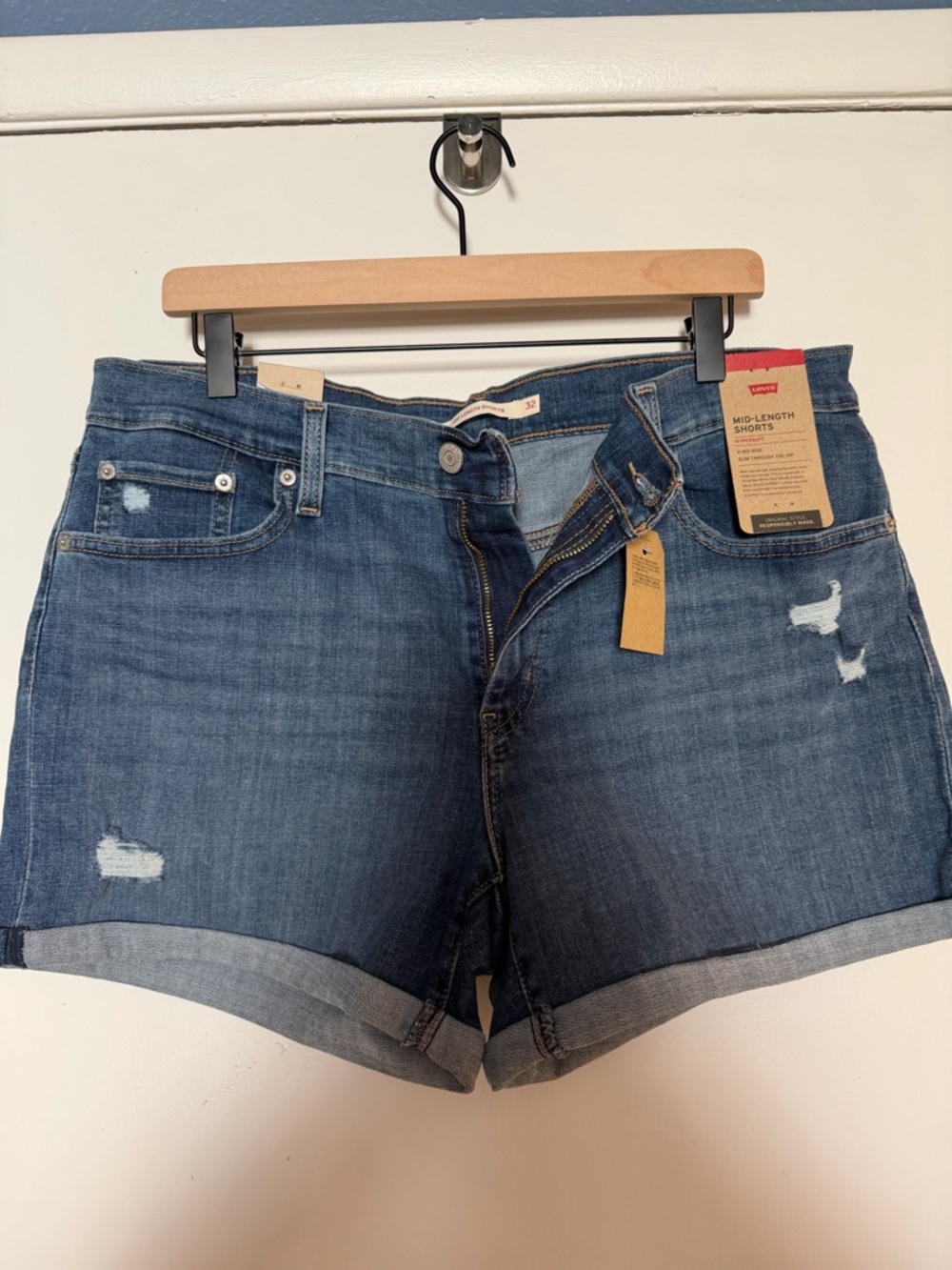 Levi's Blue Distressed Mid-Length Jean Shorts